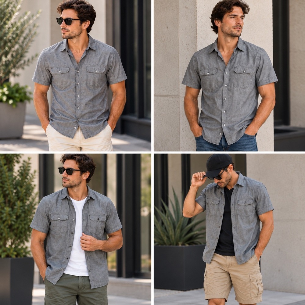 Express Shirt Mens Large Gray Chambray Short Sleeve Button Up Cotton Dual Pocket